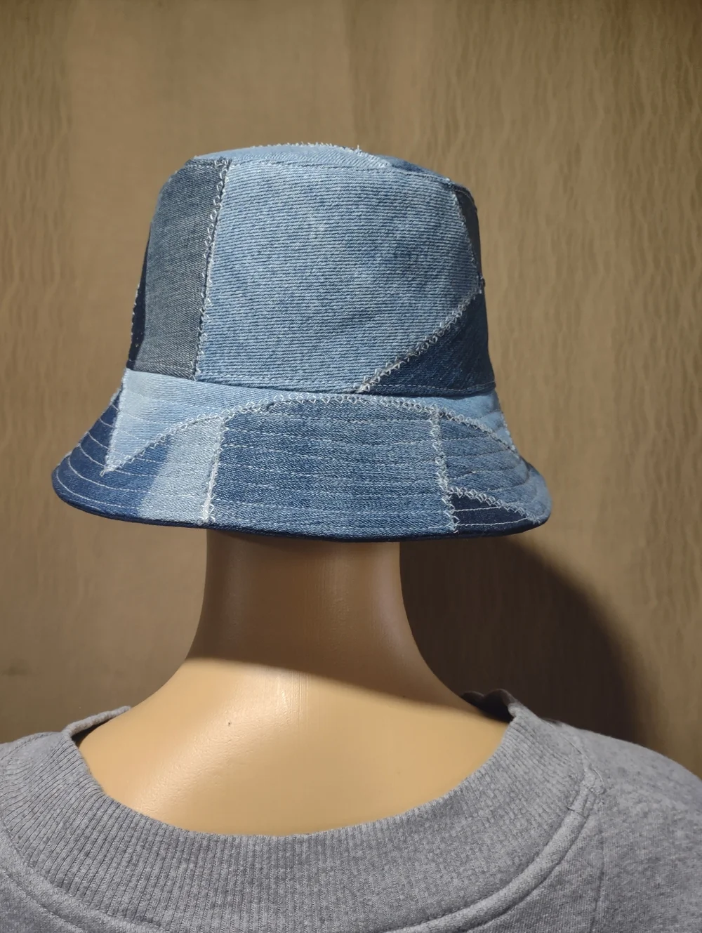 Handmade Upcycled Reversible Patchwork Denim & Navy Bucket Hat - Picture 5 of 12